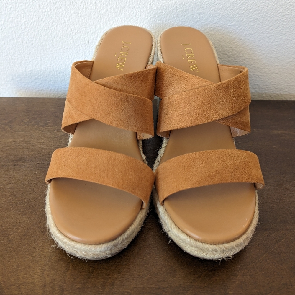 J. Crew Espadrille Wedge Sandals Tan Crossover Suede Straps Size 7.5 - Picture 2 of 12